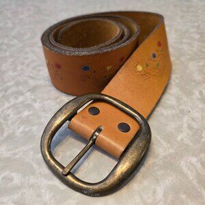Genuine Tooled Leather Brown Belt with Flowers Size 34 Measures 39.5 inch long